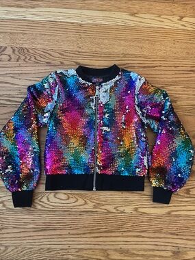 JoJo Siwa JoJo’s Closet Rainbow Sequin Bomber Jacket XS 4/5 Reversible Sparkle